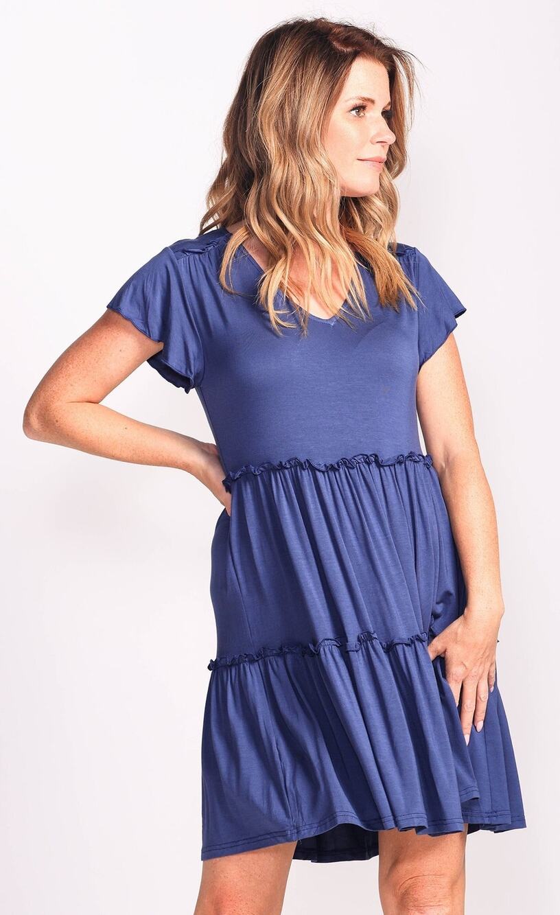 Pink Martini Dress Blue Tiered Ruffled V Neck Flutter Sleeves Lightweight Size L